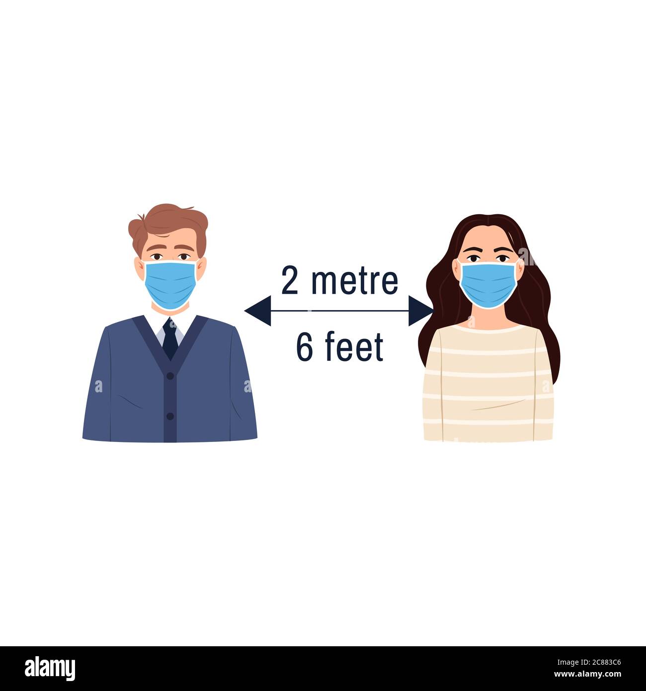 Social distancing icon. Flat people girl and man portraits wearing surgical face mask keep distance 2 meter 6 feet. Health protection concept. Epidemi Stock Vector