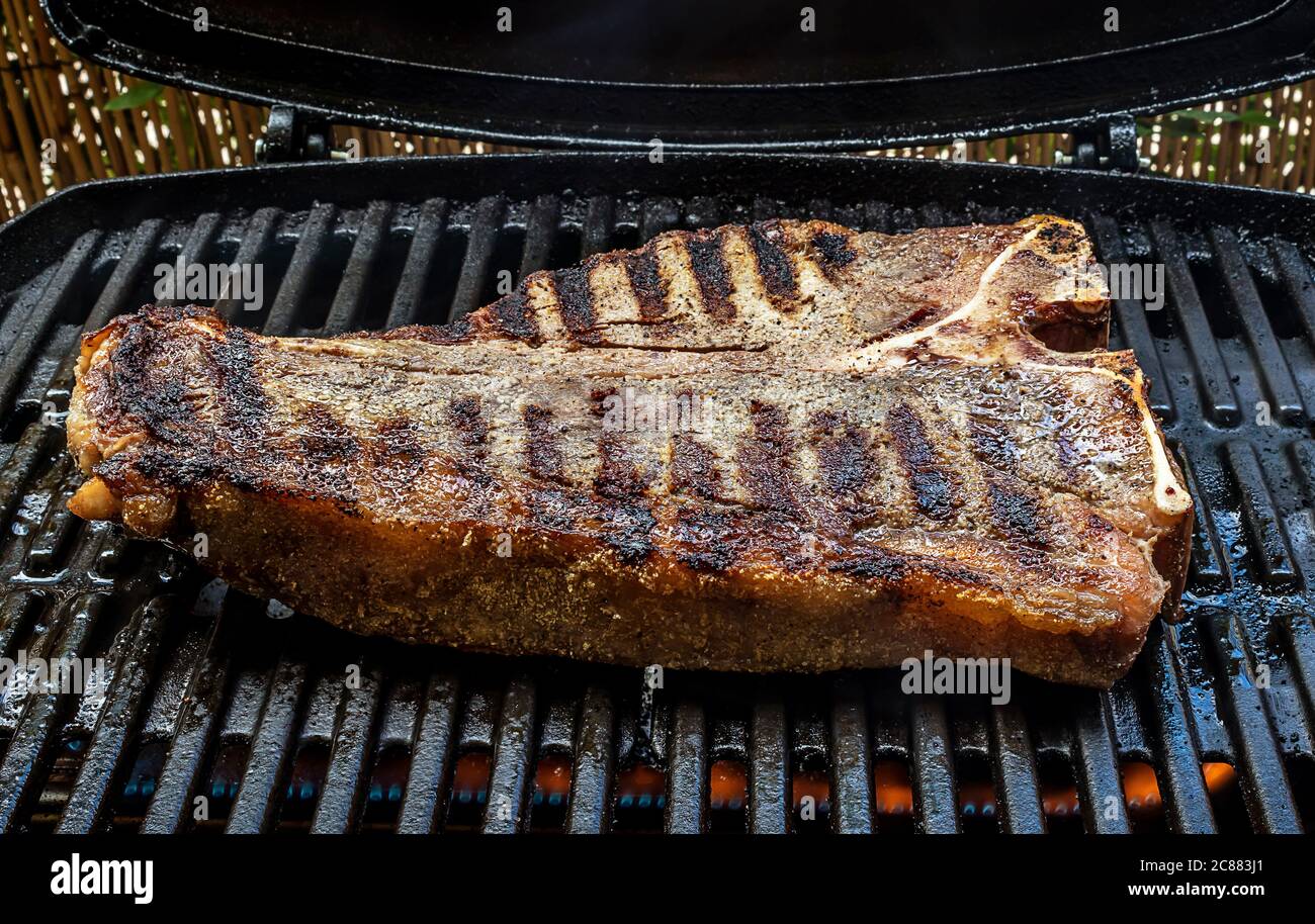 Medium tbone steak on barbecue grill Stock Photo Alamy