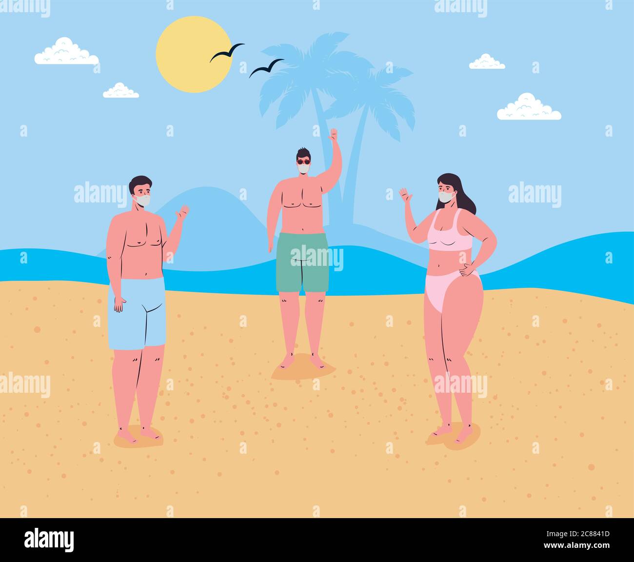 social distancing on the beach, people wearing medical mask keep distance in the beach, new