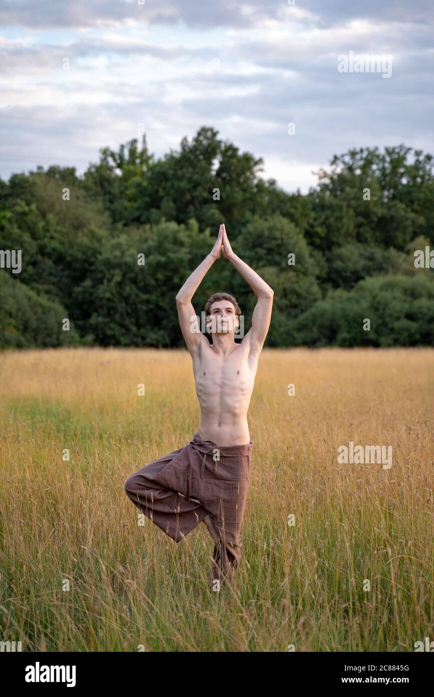 Shirtless man practicing tree pose while standing amidst plants on ...