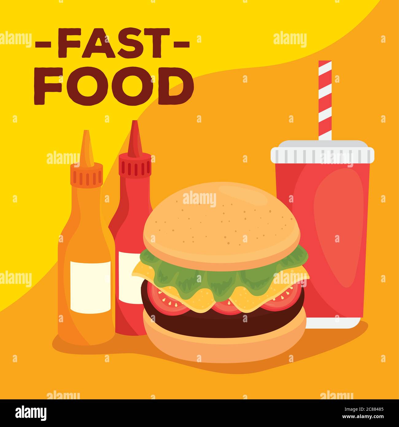 fast food, lunch or meal, hamburger with beverage and bottles sauce ...