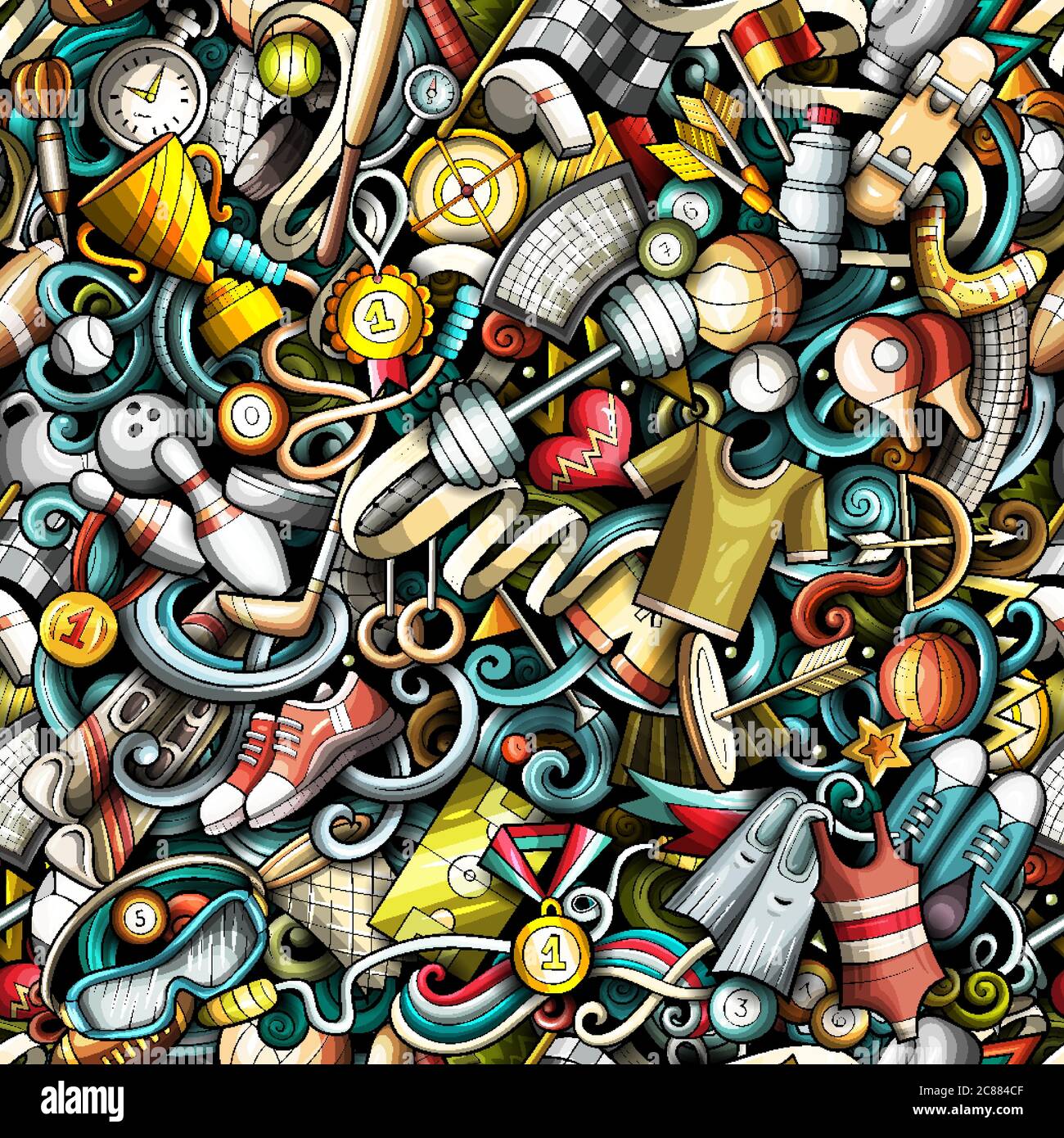 Sports hand drawn doodles seamless pattern. vector background Stock ...