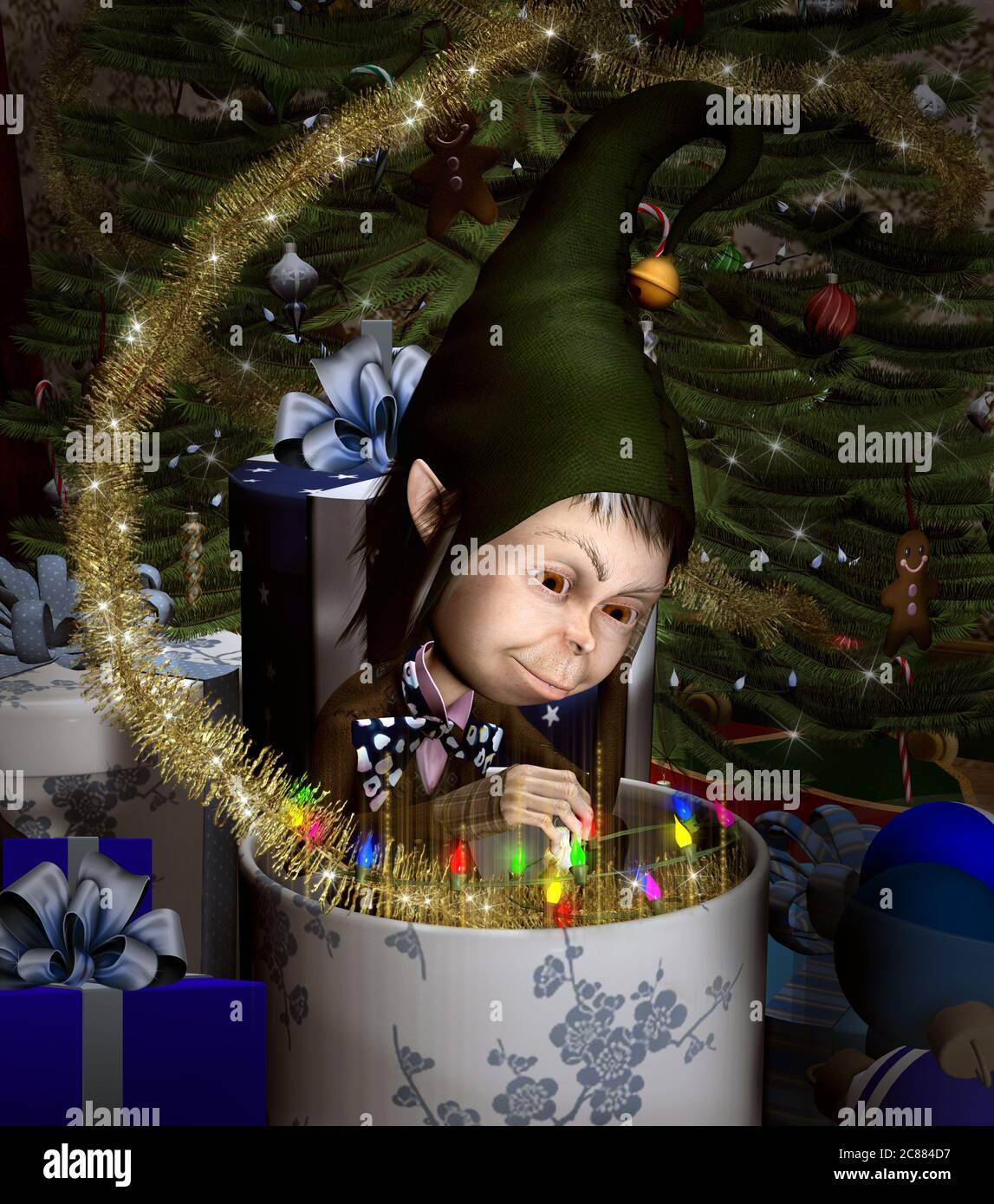 Funny elf in a gift box with lights and Christmas decorations all around Stock Photo