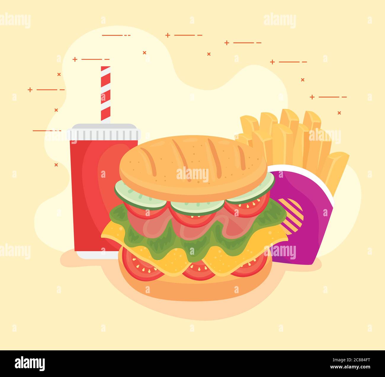 fast food, lunch or meal, hamburger with french fries and bottle ...