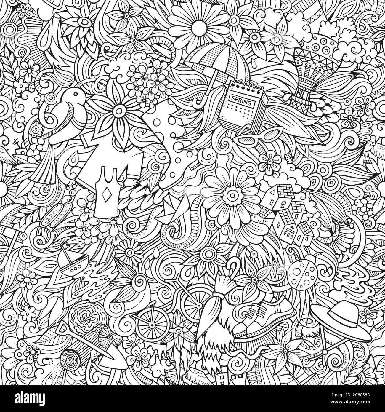 Cartoon cute doodles hand drawn Spring seamless pattern Stock Vector ...