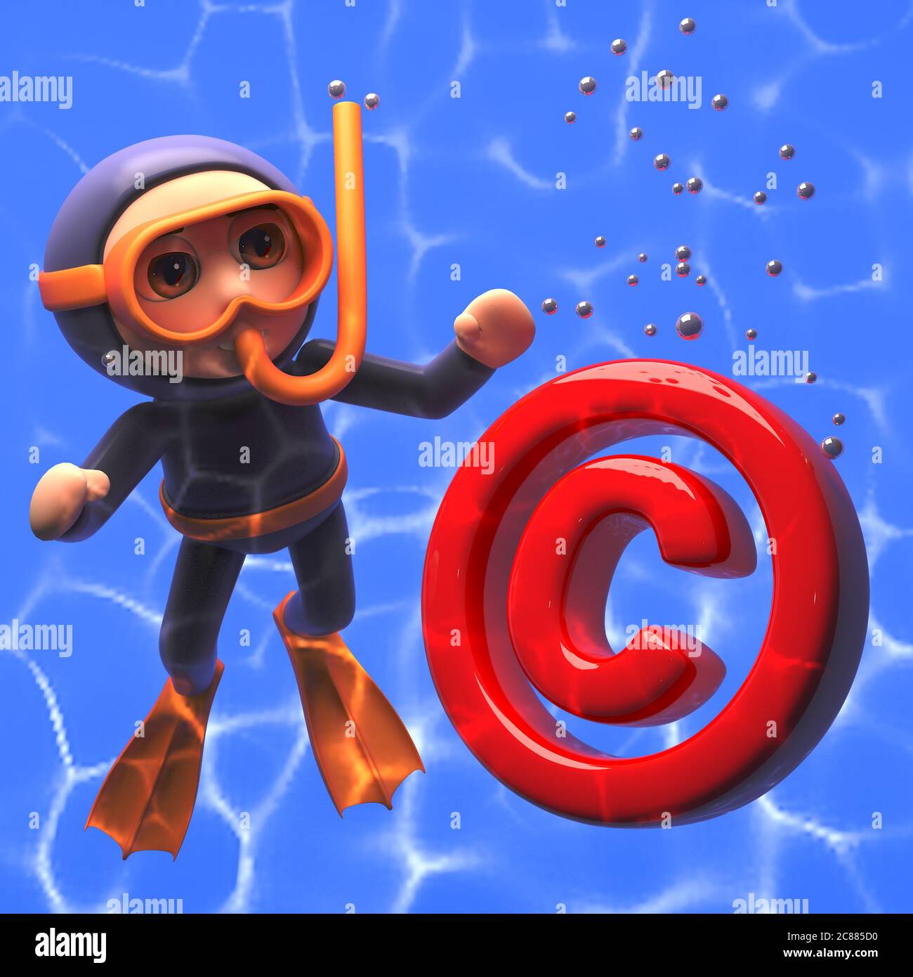 3d cartoon scuba diver in goggles with snorkel floating near copyright