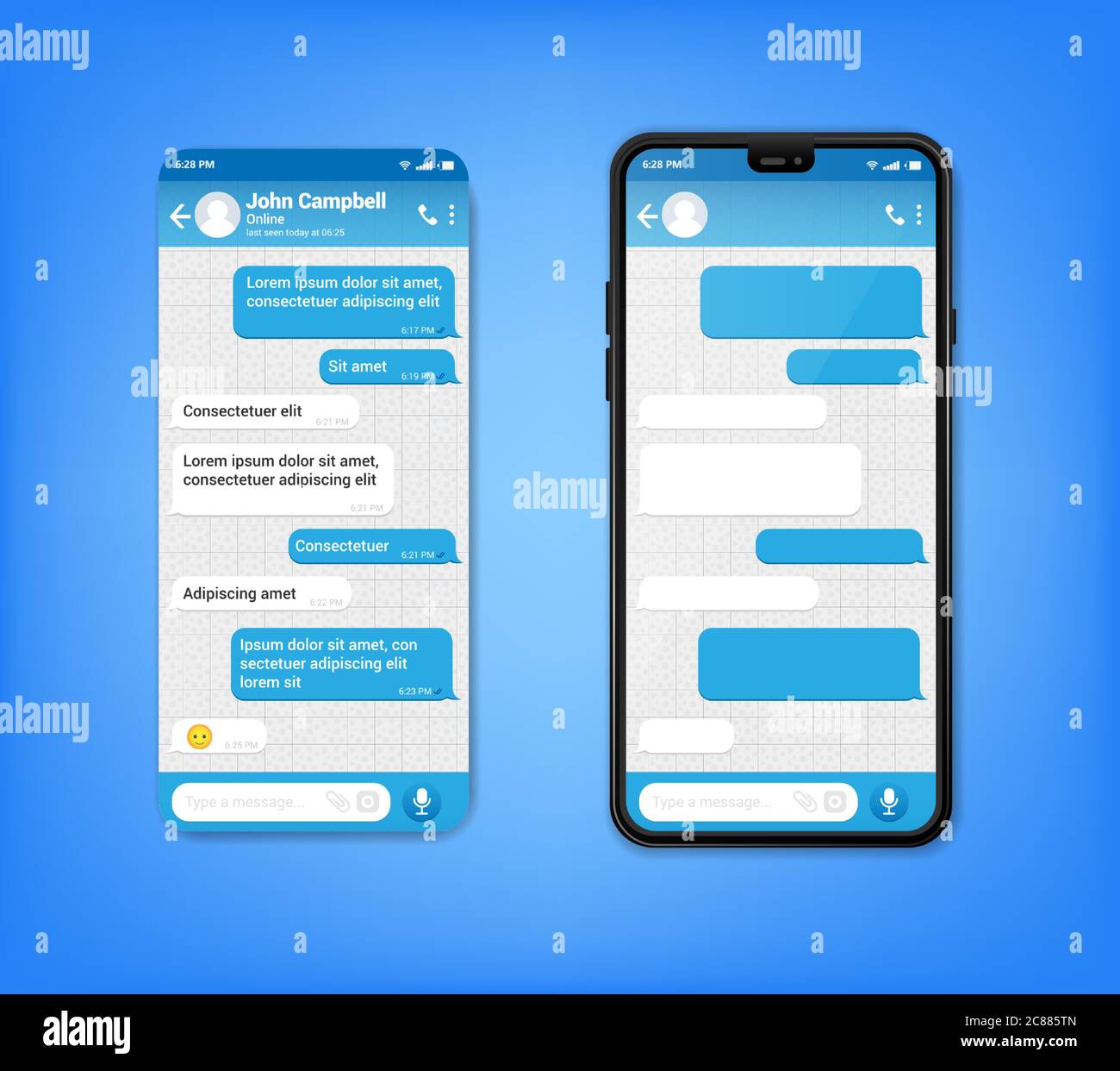 UI UX Phone chat bot blue interface. Text message mobile phone. Text messaging bubles in mobile application on a smartphone, vector Stock Vector