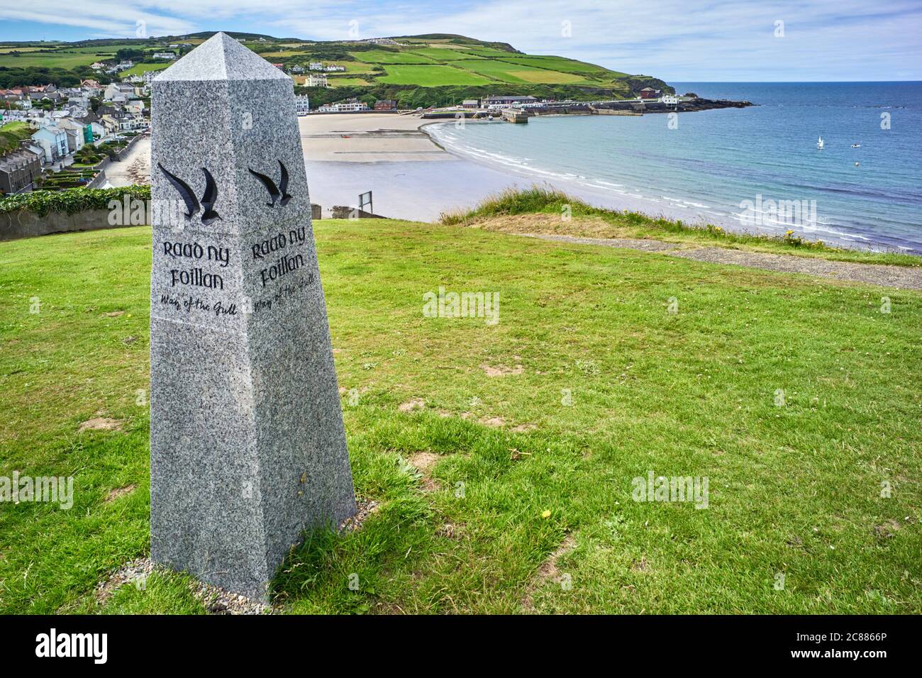 Raad ny Foillan, way of the gull, long distance walk pillar on the headland above Port Erin Stock Photo