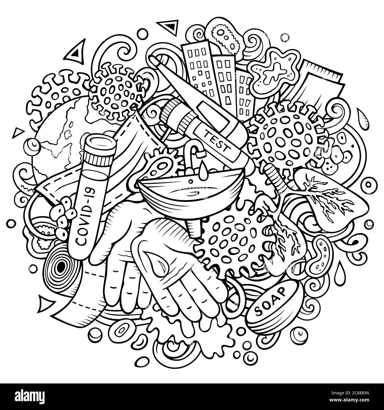Coronavirus hand drawn cartoon doodles illustration. Colorful composition Stock Vector