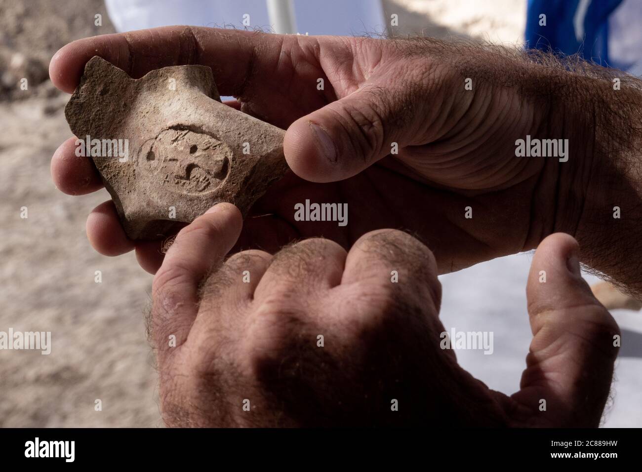 Jerusalem, Israel. 22nd July, 2020. Significant administrative center from the days of Kings Hezekiah and Menashe (8th century to middle of the 7th century BCE) was uncovered by the Israel Antiquities Authority in Jerusalem near the US Embassy. Over 120 seal impressions stamped on jars were found in the excavation, serving as evidence of tax collection in the period of the Judean monarchs, in one of the largest and most important collections uncovered in Israel. Credit: Nir Alon/Alamy Live News Stock Photo