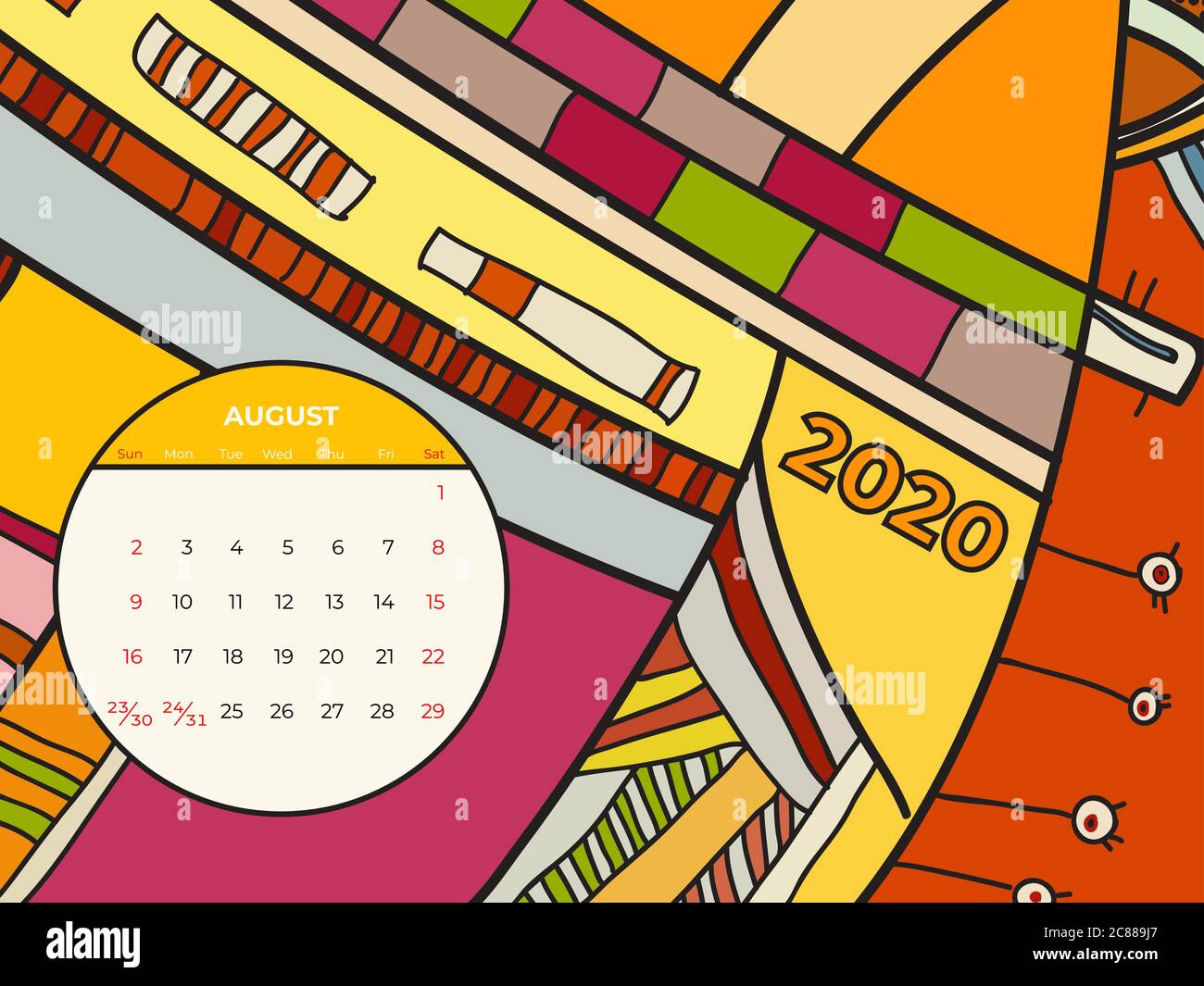 2020 August calendar abstract contemporary art vector. Desk, screen