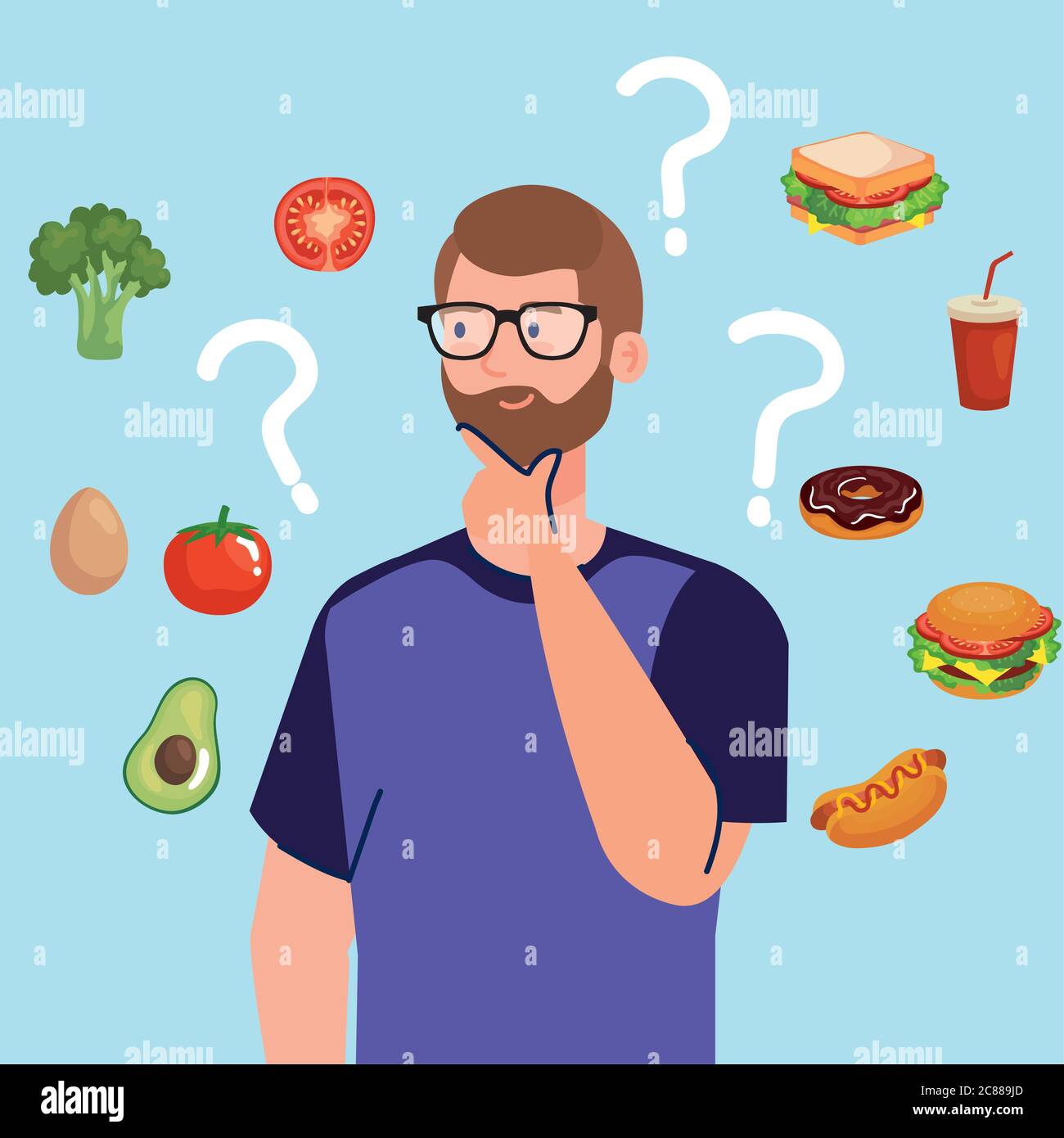 man choosing between healthy and unhealthy food, fast food vs balanced