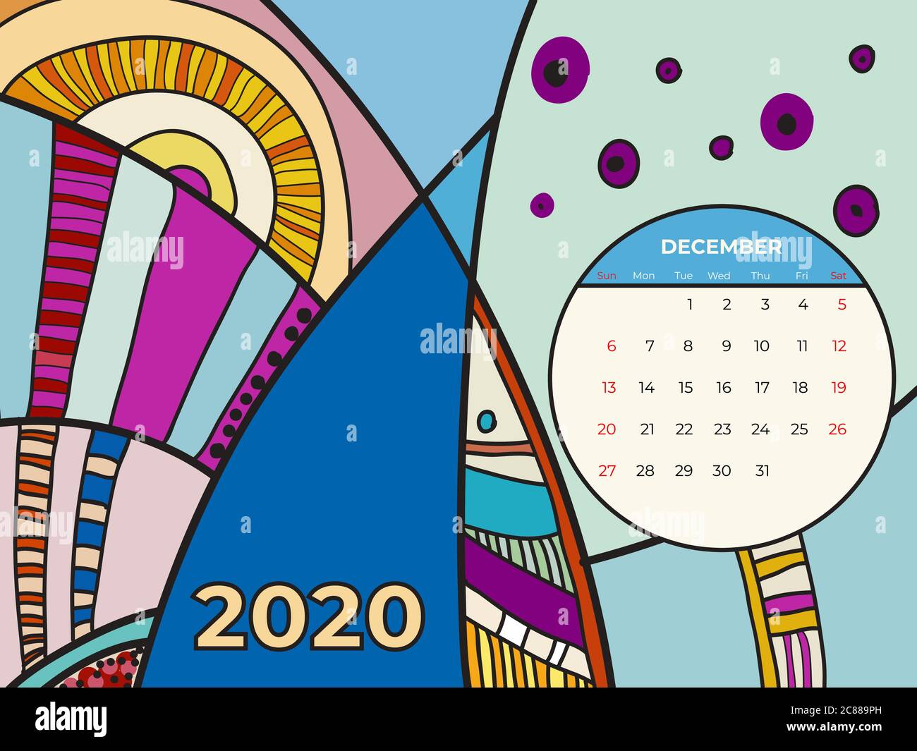 2020 December calendar abstract contemporary art vector. Desk, screen