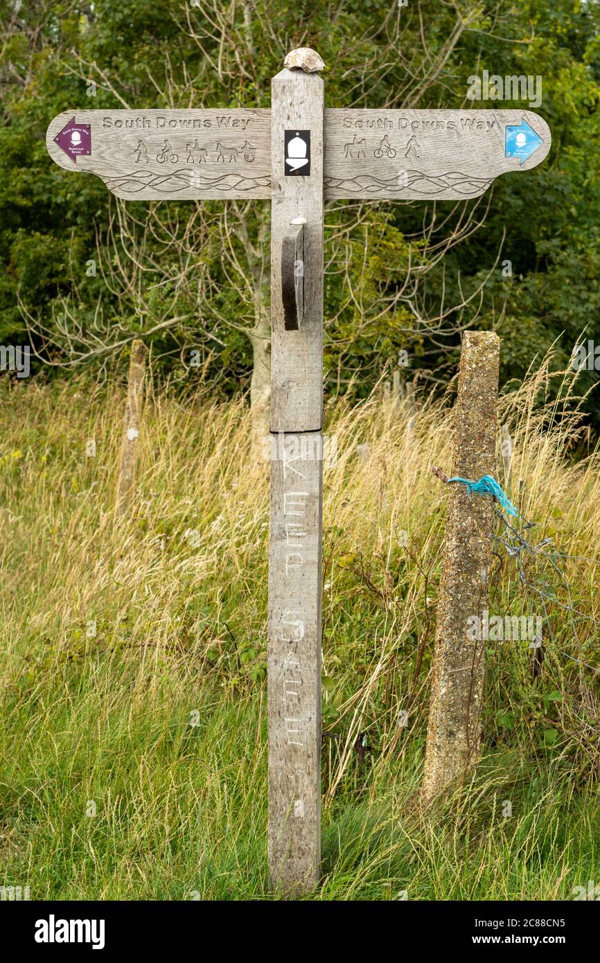South Downs Way way marker / signpost near Chanctonbury Ring in the South Downs National Park, West Sussex, England, UK. Stock Photo
