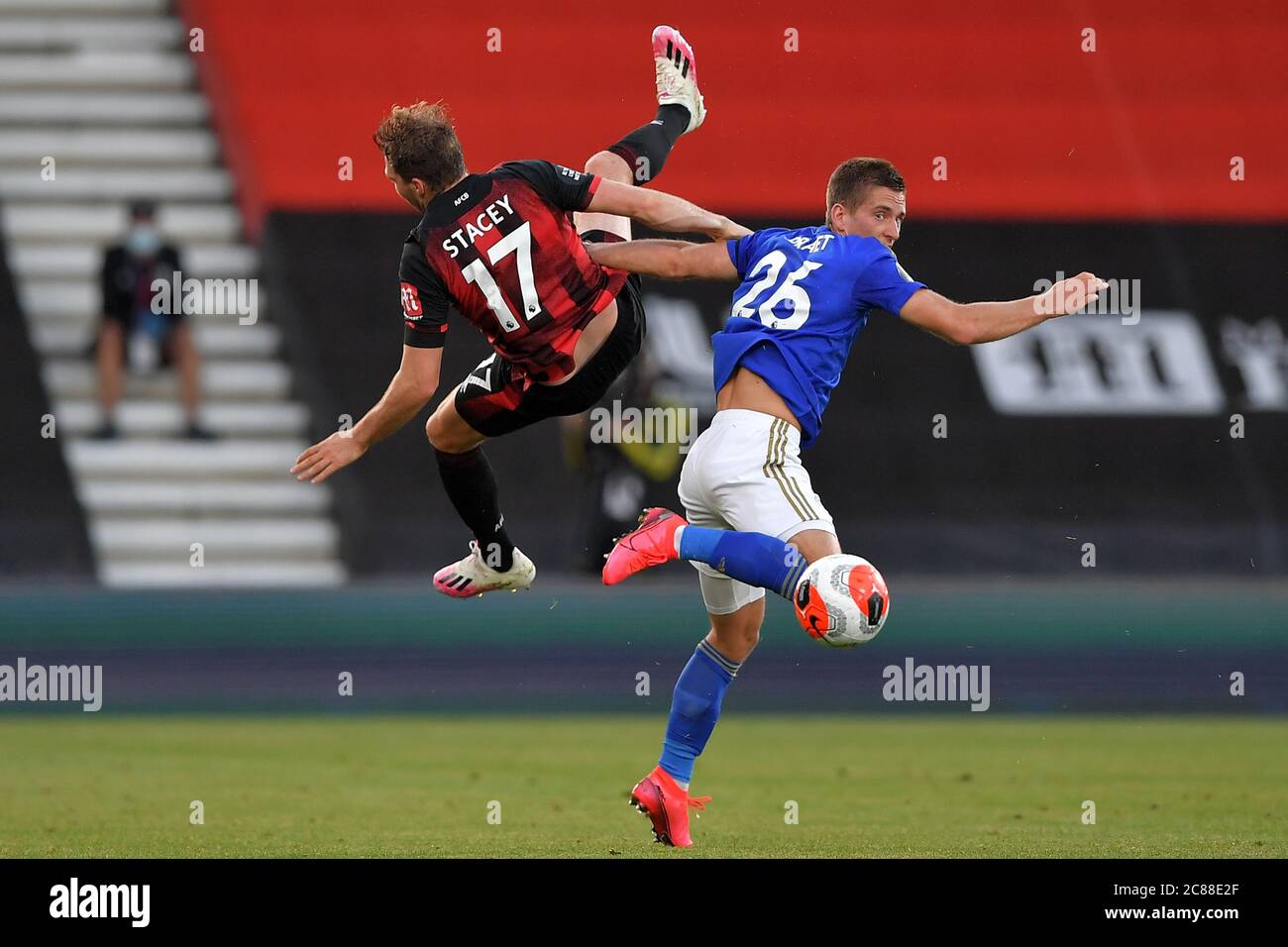 Dennis Praet of Leicester City and Jack Stacey of AFC Bournemouth in action  - AFC Bournemouth v Leicester City, Premier League, Vitality Stadium,  Bournemouth, UK - 12th July 2020 Editorial Use Only -