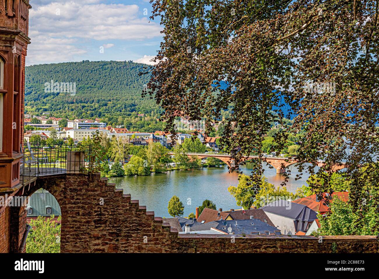 View to the city wall and medieval city of Miltenberg from castle access road during daytime Stock Photo