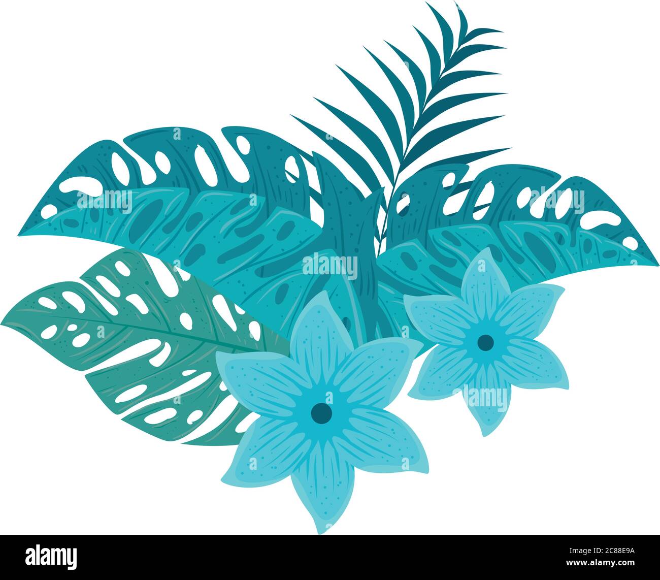 flowers blue color, with branch and tropical leaves on white background ...