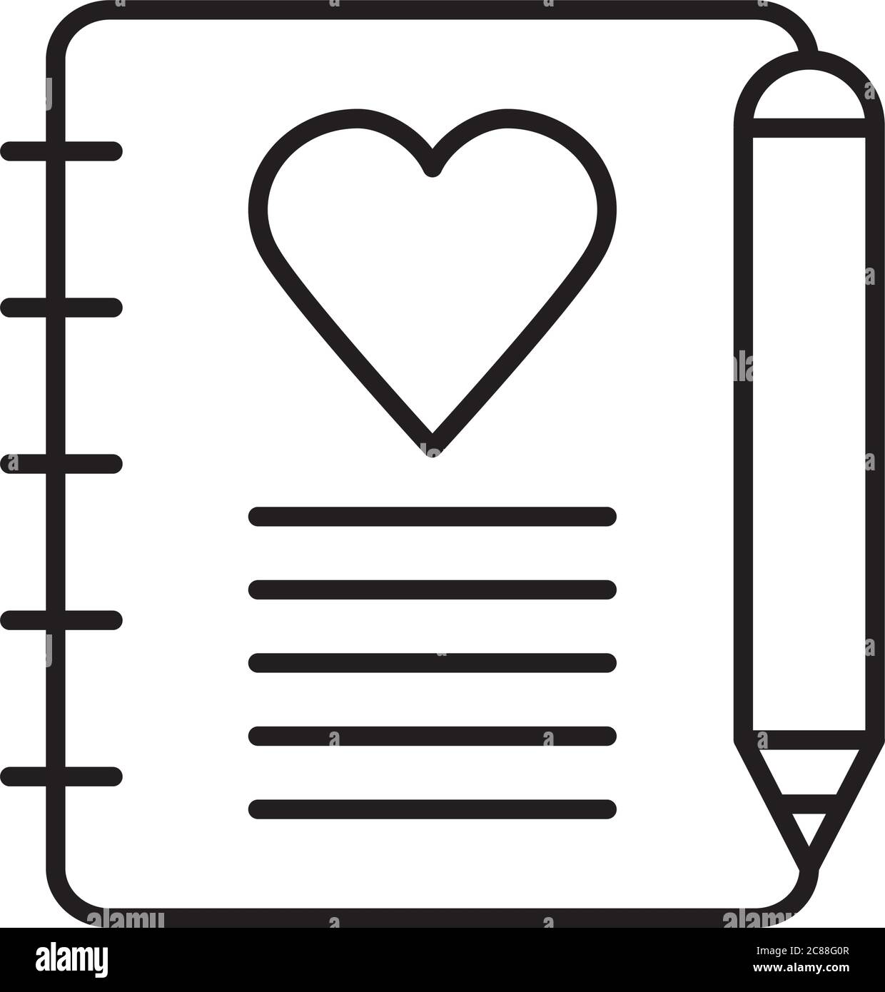 pencil and notebook with heart icon over white background, line style ...