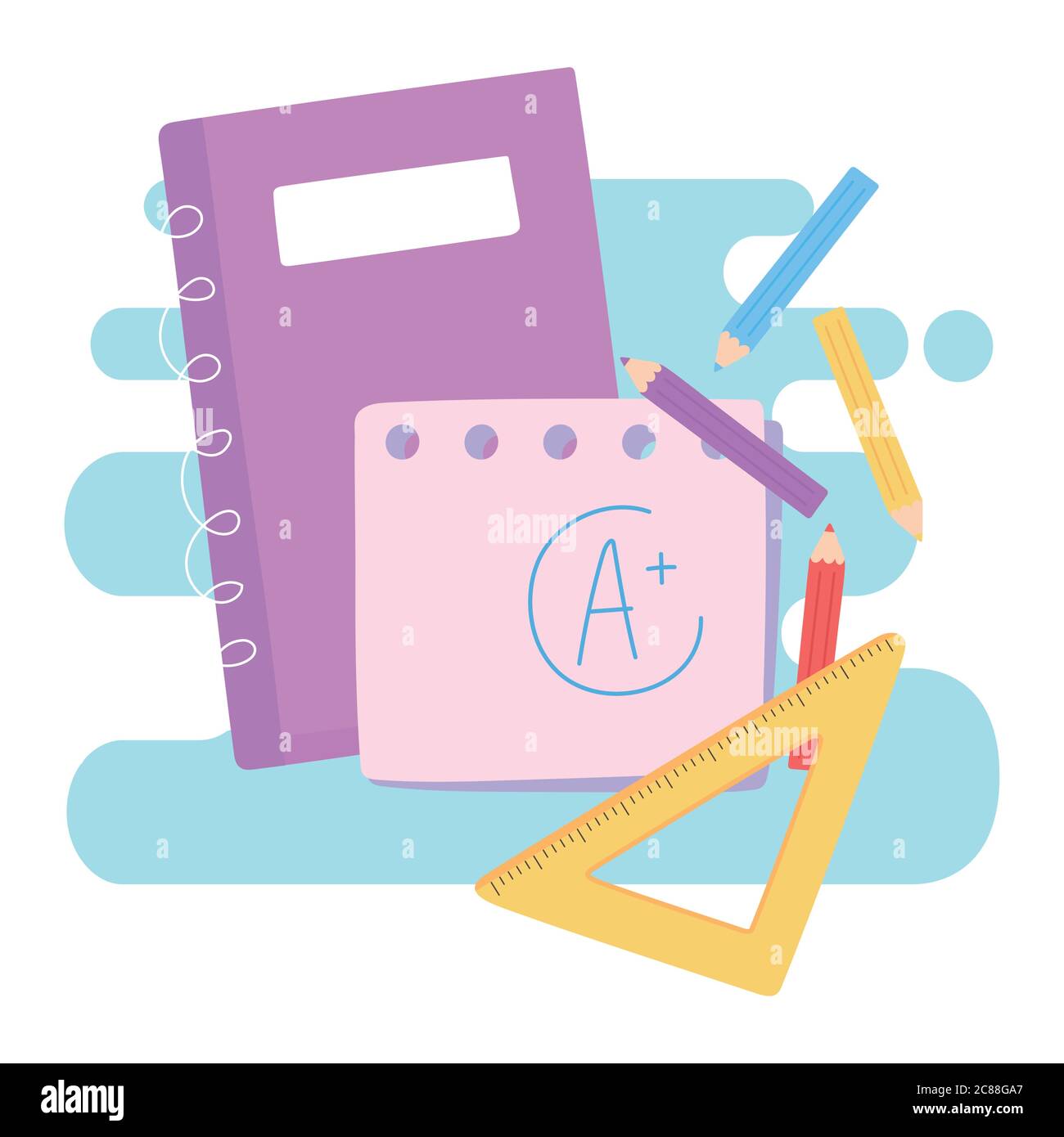 back to school, notebook ruler and color pencils education cartoon ...