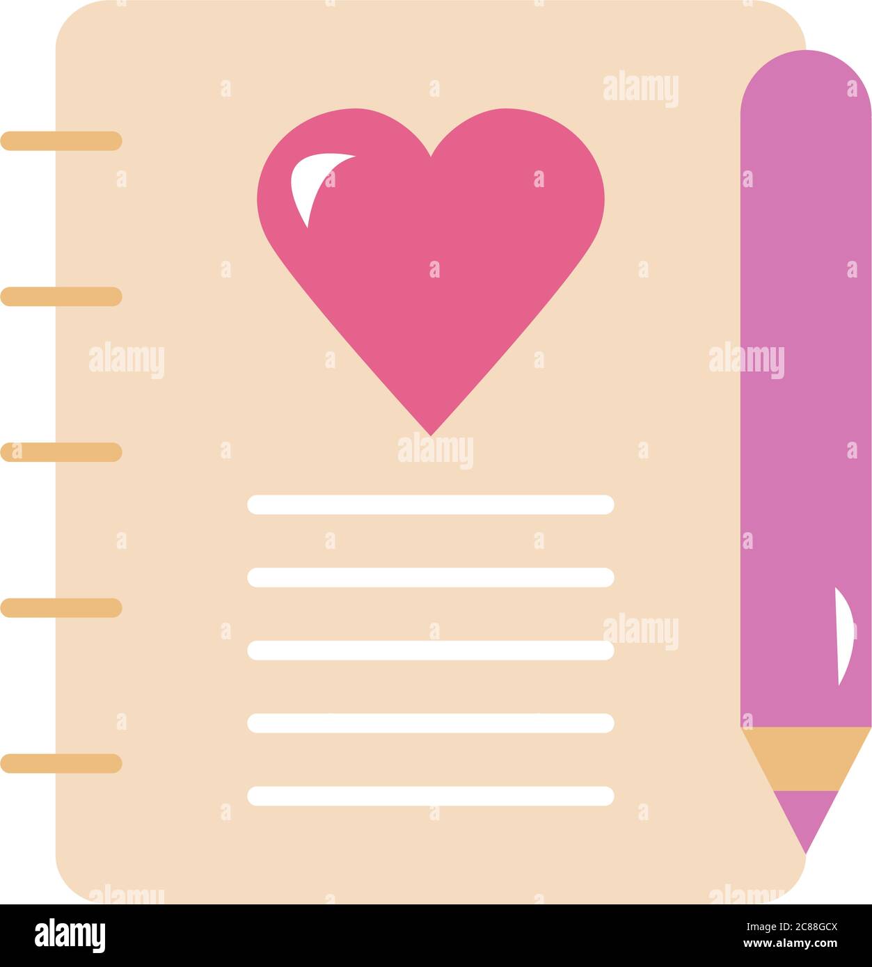 pencil and notebook with heart icon over white background, flat style ...