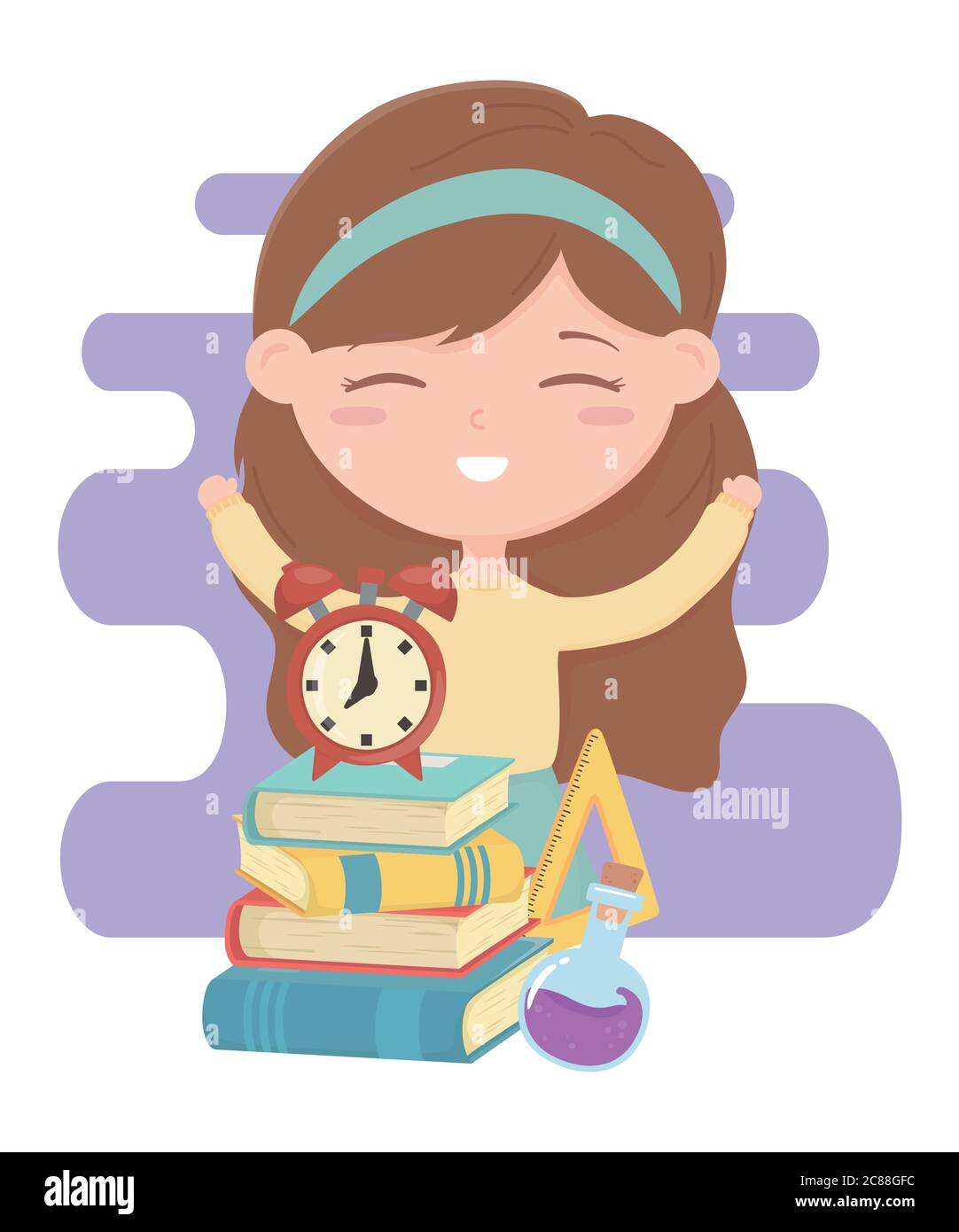 back to school, student girl with clock books and test tube education ...