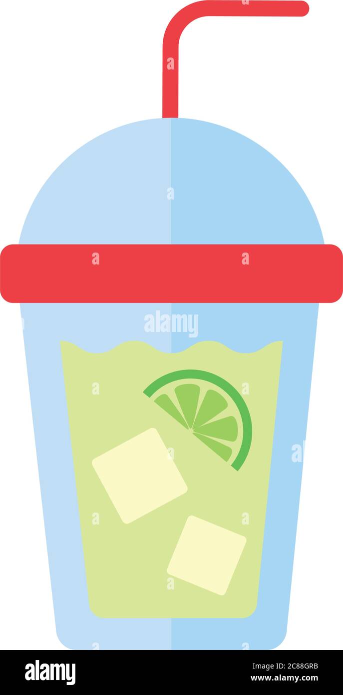 glass with drink of lemon and ice cubes flat style icon vector illustration design Stock Vector