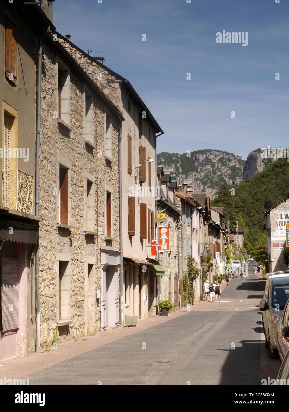 French village street, Peyreleau, Aveyron, France: 18 July 2019. Stock Photo