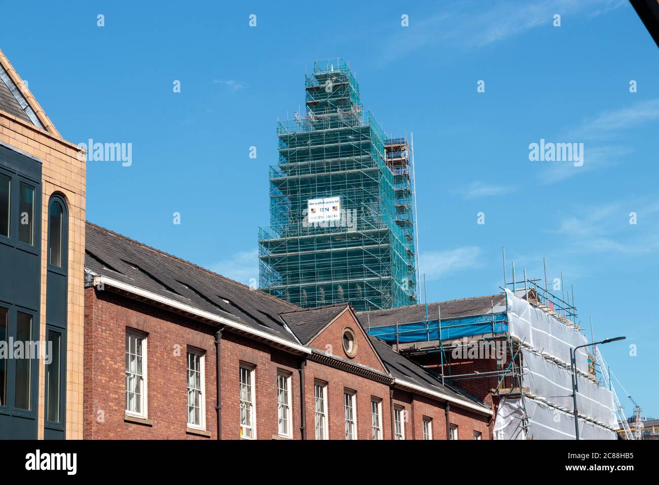 View Leeds Town Hall clock tower during renovation works Stock Photo