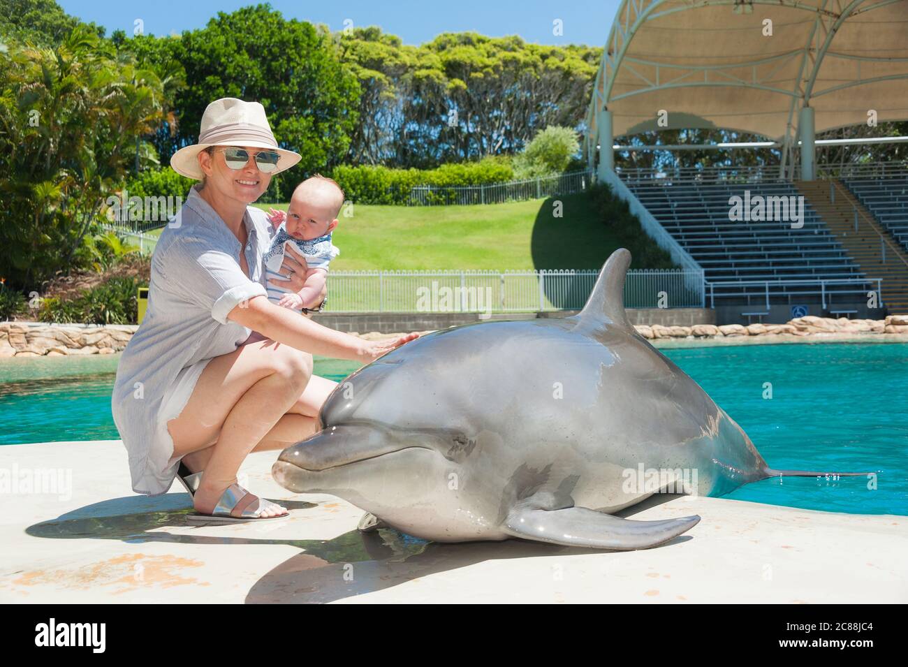 Tourist mother and baby patting a beached dolphin at the dolphin display pool at Sea World on the Gold Coast, Queensland Australia. Stock Photo