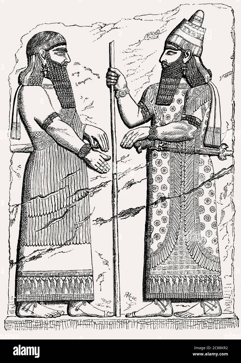 Sargon II (right) and a dignitary, Bas-relief from Sargon II's palace at Dur-Sharrukin, c. 716–713 BC Stock Photo