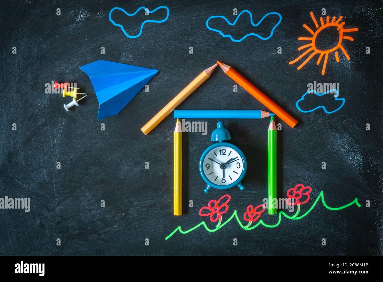 Back to school background with colored chalk drawing, school made from ...