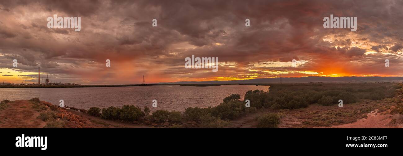 Panoramic sunset view of Lead smelter and harbour at Port Pirie South