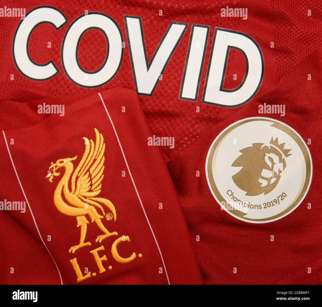 Generic image. Shows Liverpool FC shirt with name Covid and number 19 in celebration of premier league win season 2019 2020. 1st title for 30 years Stock Photo