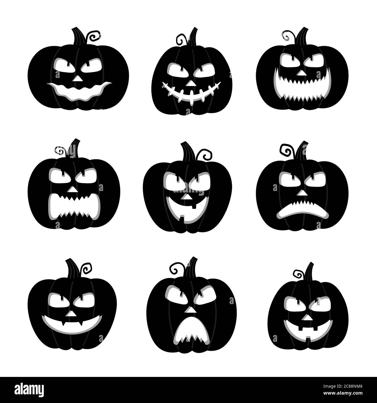 Happy, funny, cute and scary halloween pumpkin set. Holidays cartoon character collection. Vector illustration in flat style. Stock Vector