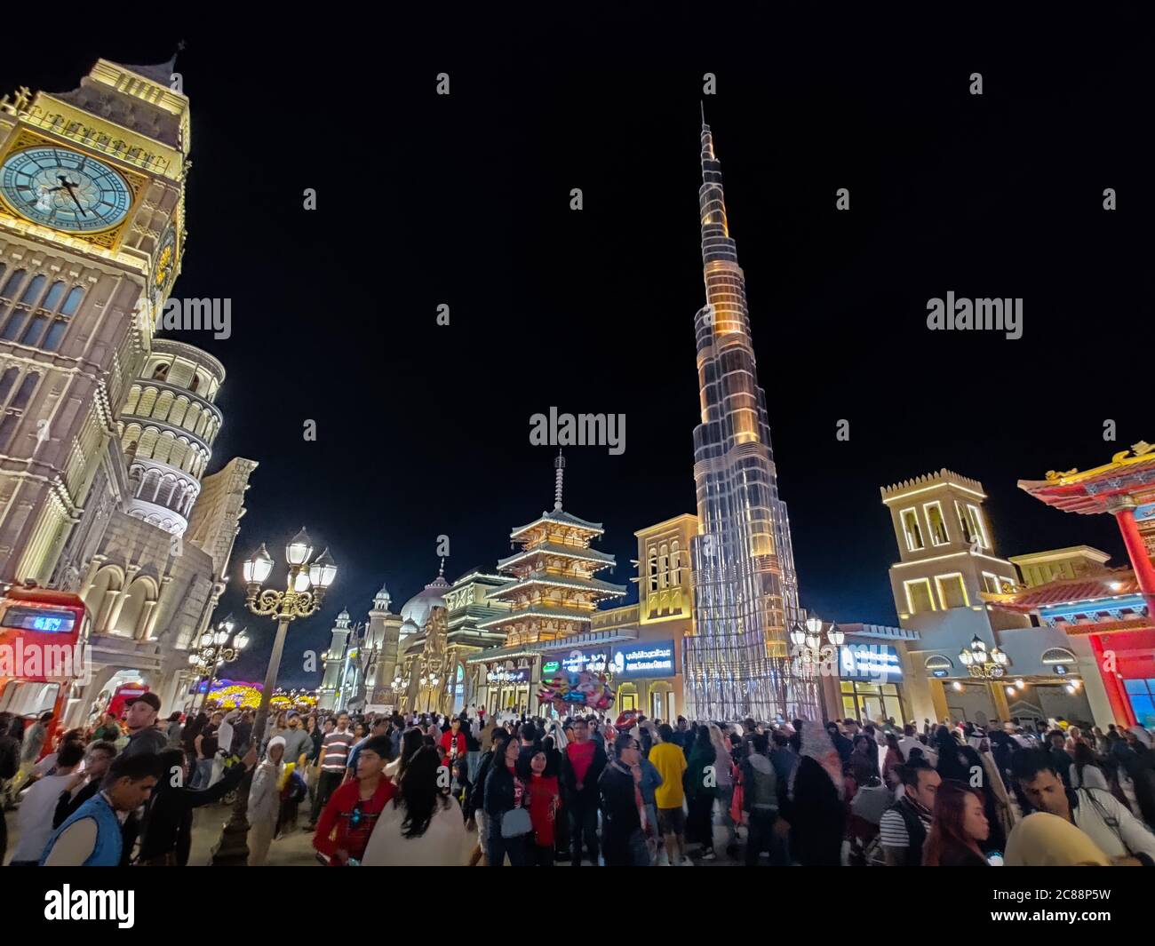 Colorful view of Dubai Global Village, one of the city's most famous attractions filled with entertainment and shopping from multiple cultures Stock Photo