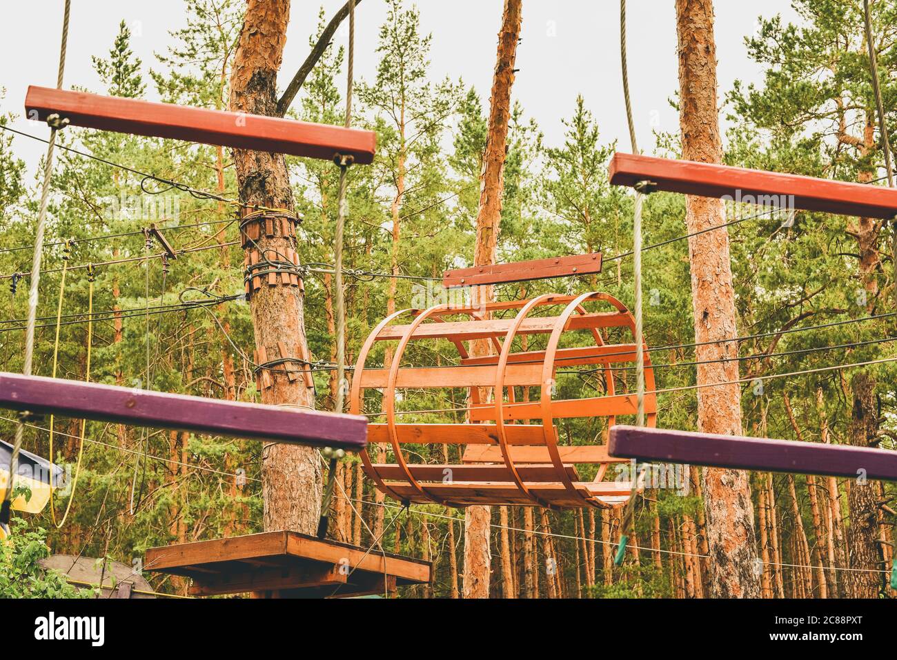 Rope town. Active family vacation in the open air. Elements of a rope ...