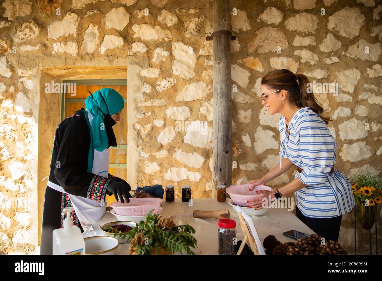 Ajloun, Jordan. 21st July, 2020. Queen Rania of Jordan during a visit to the Ajloun Forest Reserve and Reef Springs Resort, on July 21, 2020 Credit: Royal Hashemite Court/Albert Nieboer/ Netherlands OUT/Point de Vue OUT |/dpa/Alamy Live News Stock Photo