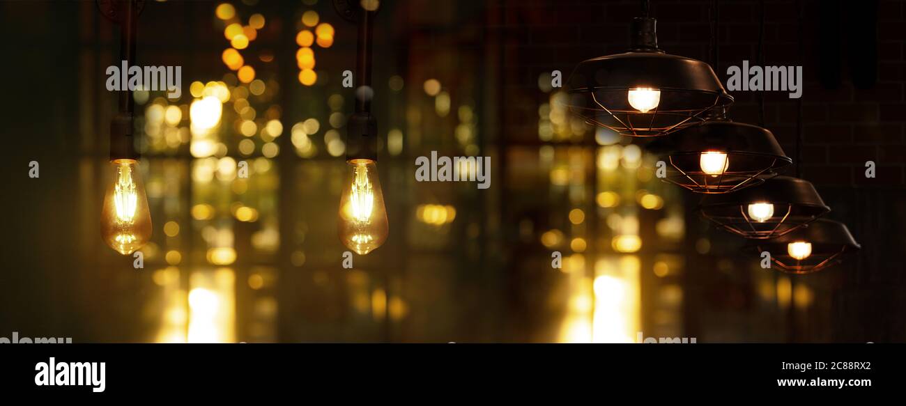 black lamp light in glowing dark night party in bar and pub interior