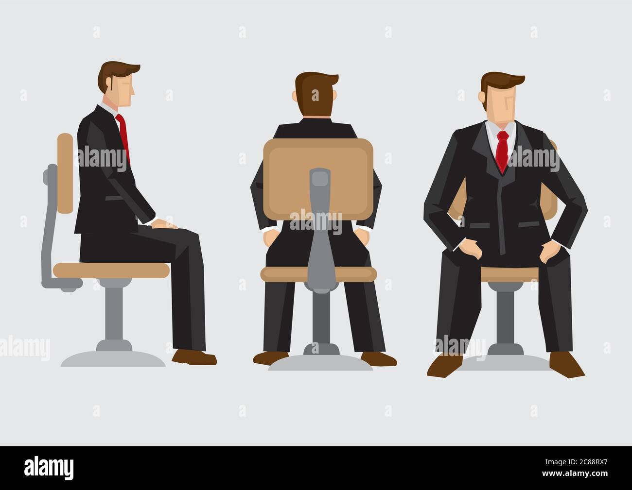 Vector illustration front, back and side view of business professional wearing formal three-piece suit sitting on office swivel chair isolated on plai Stock Vector