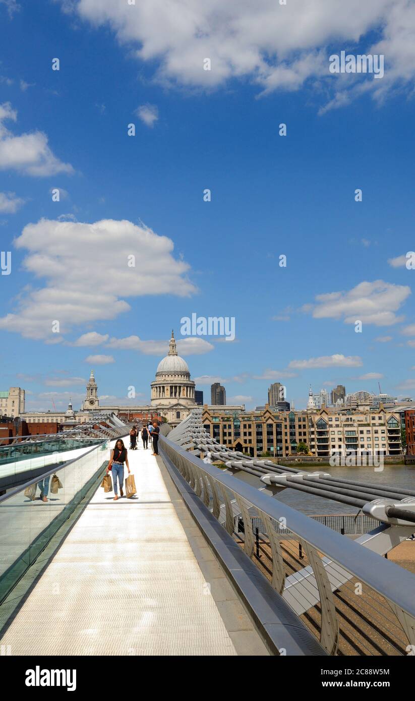 London, England, UK. Millennium Bridge looking towards St Paul's Cathedral - very quiet during the COVID-19 pandemic, July 2020 Stock Photo