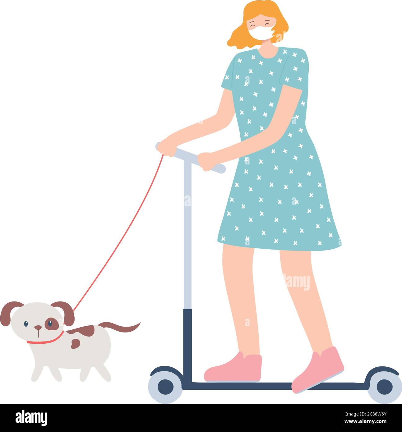 people with medical face mask, woman riding kick scooter with dog, city