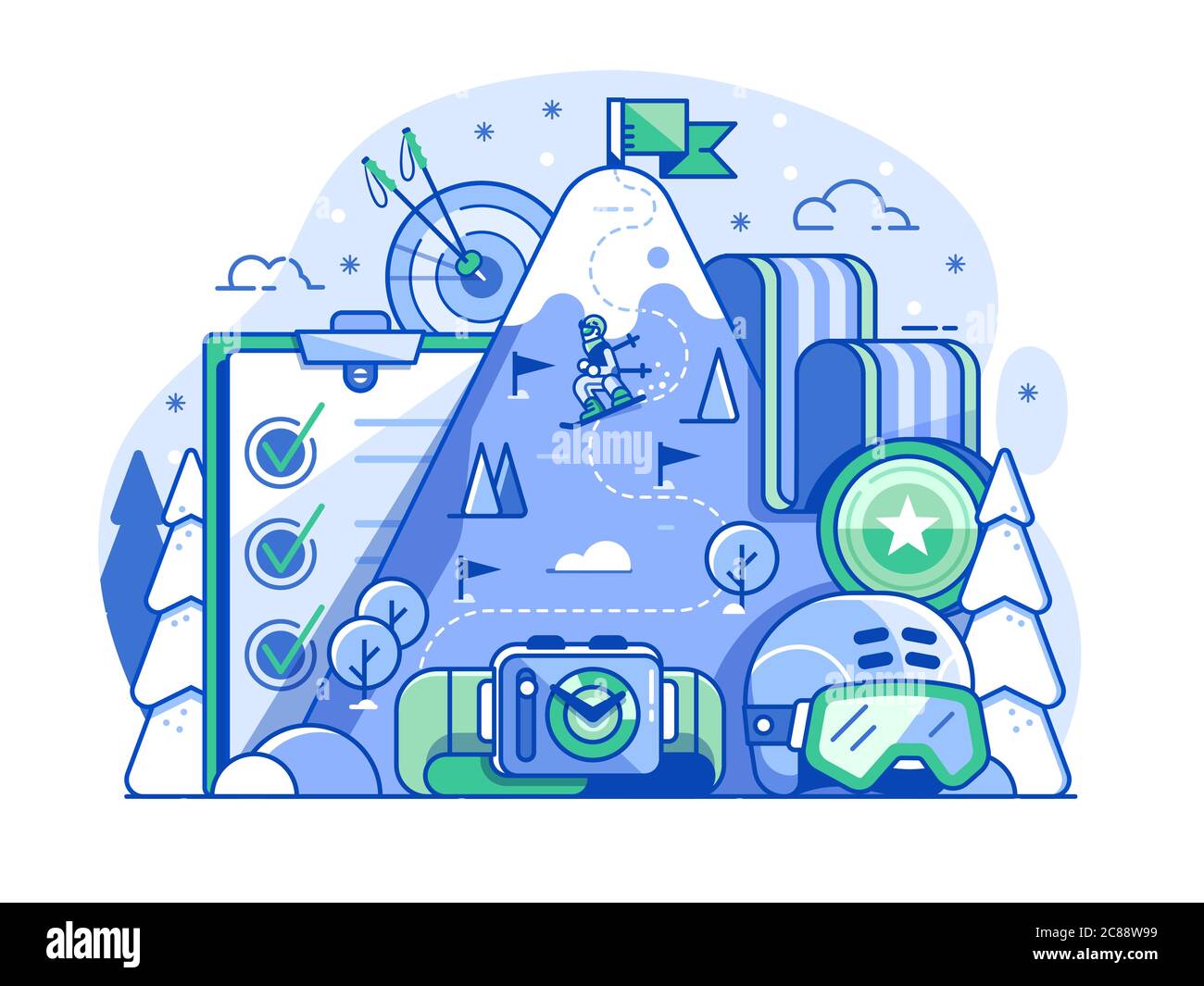 Skiing Competition Web Illustration in Line Art Stock Vector