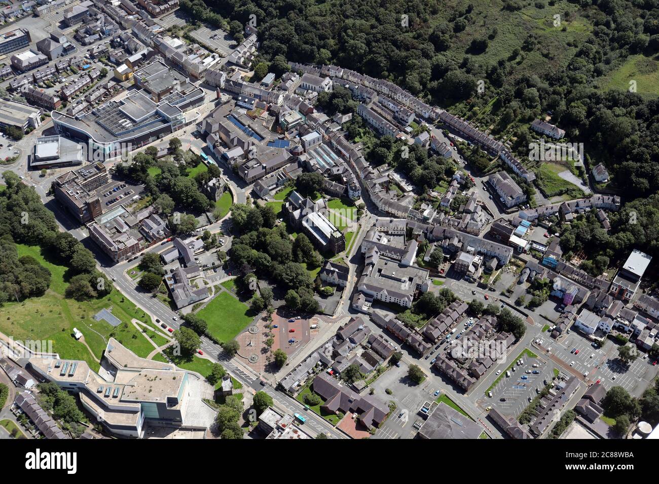 aerial view of Bangor town centre in North Wales Stock Photo