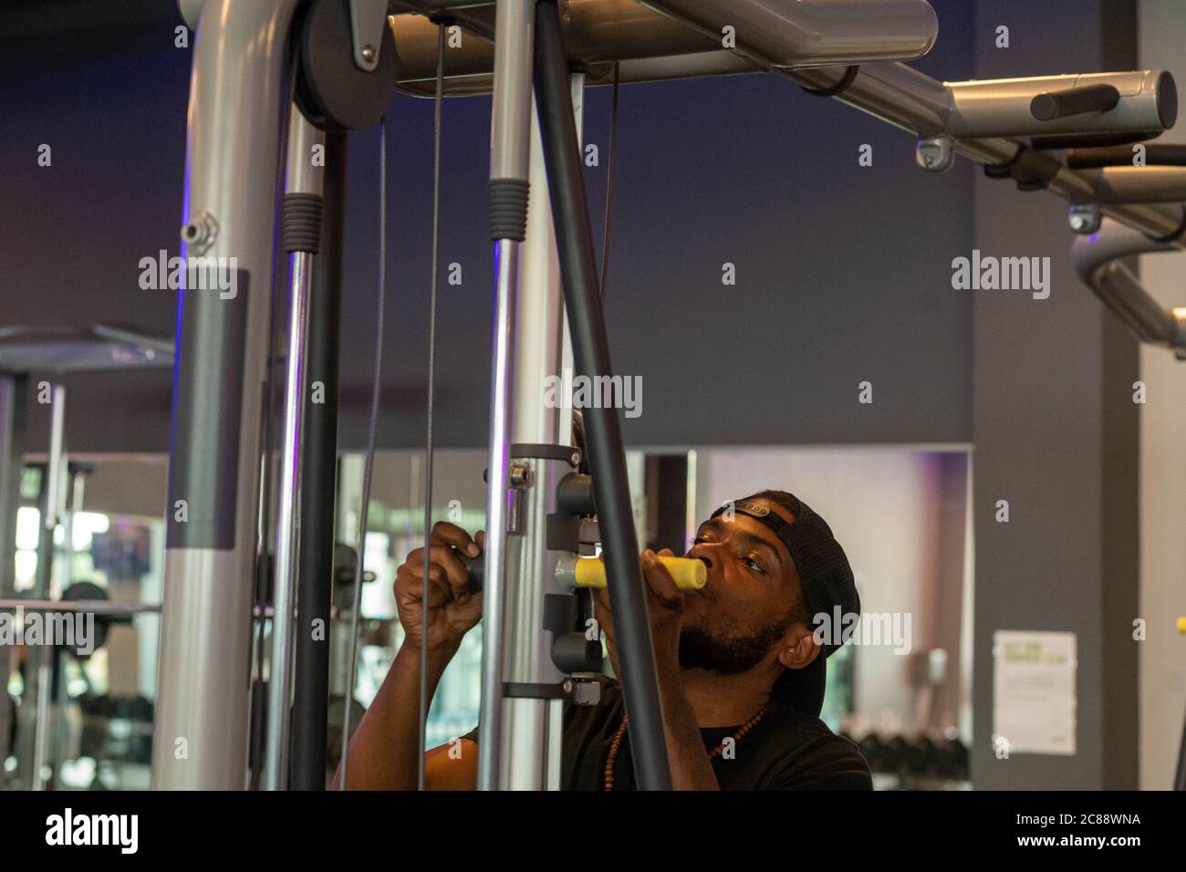 Waltham Forest, UK. 22nd July, 2020. The Better Gym/ Waltham Forest Feel Good Centre prepares to reopen as the covid-19 Lockdown is relaxed. Staff clean and check equipment as well as practice the new covid secure gym processes. Credit: Ian Davidson/Alamy Live News Stock Photo