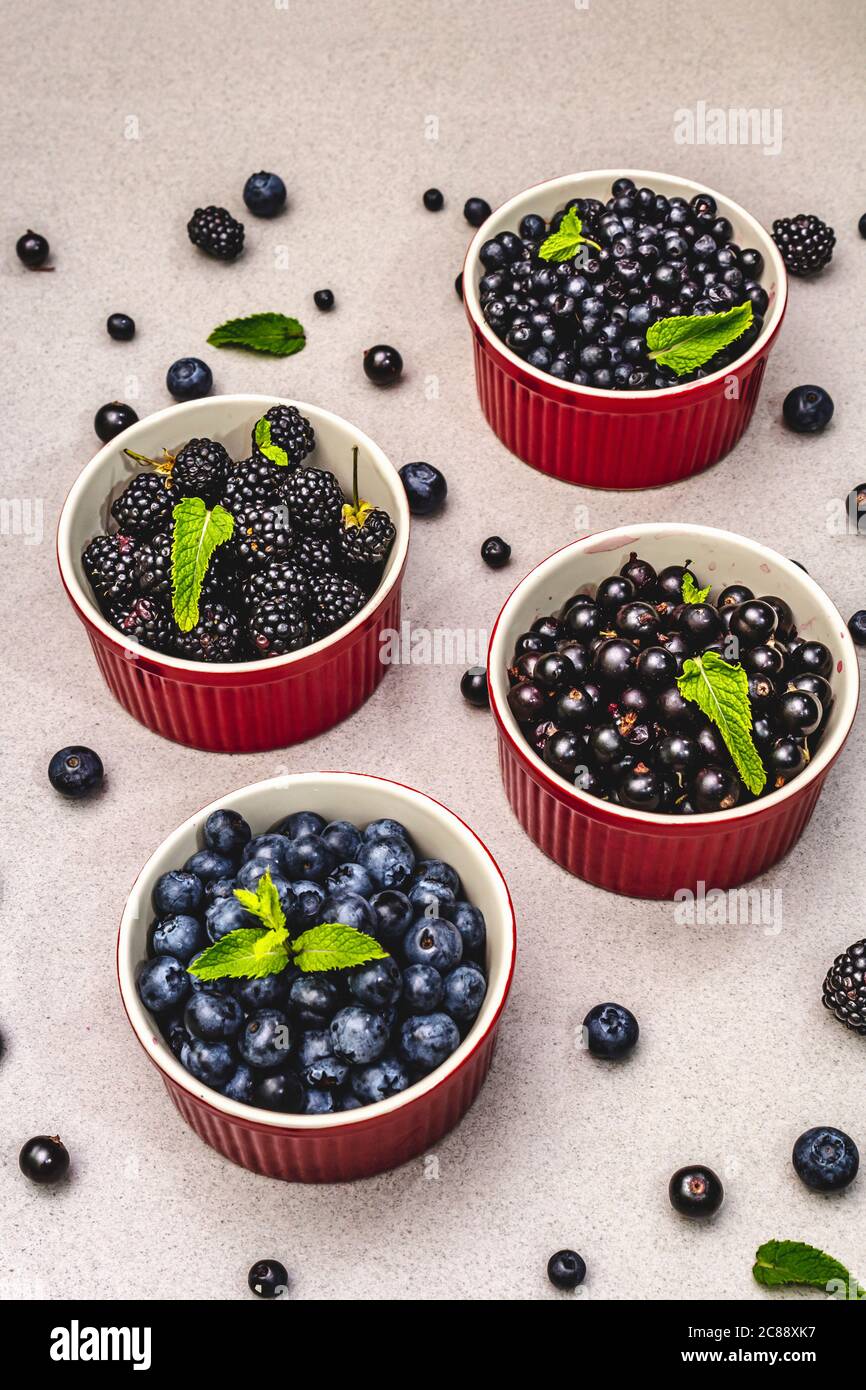 Assorted berries in blue and black colors: bilberry, blueberry, currant and blackberry. Stone concrete background Stock Photo