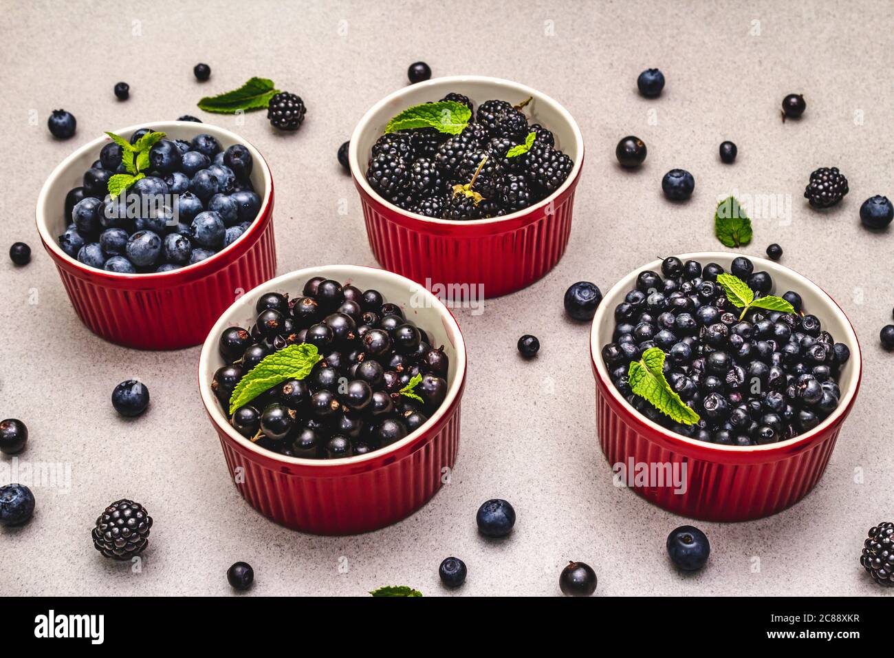 Assorted berries in blue and black colors: bilberry, blueberry, currant and blackberry. Stone concrete background Stock Photo