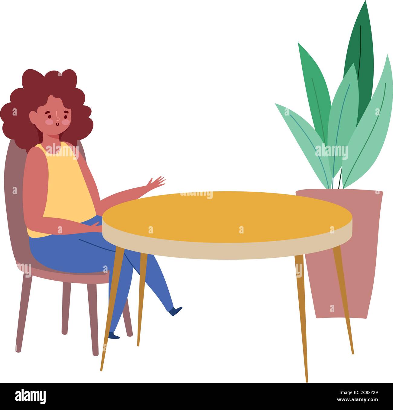 woman sitting alone at table, restaurant keep distance, isolated design