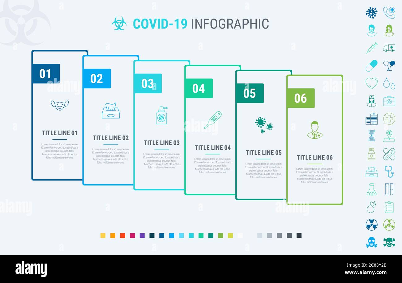 Timeline covid-19 infographic design vector. 6 steps, graph workflow layout. Vector coronavirus infographic timeline template. Many additional icons. Stock Vector