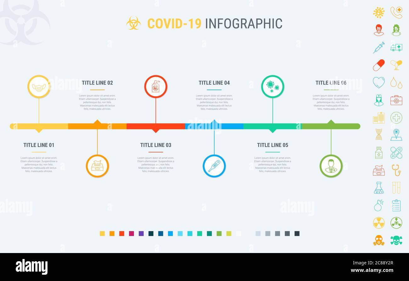 Coronavirus timeline. Covid-19 infographic template, 6 steps. Process and workflow layout. Vector infographic timeline template. How to prevent Stock Vector