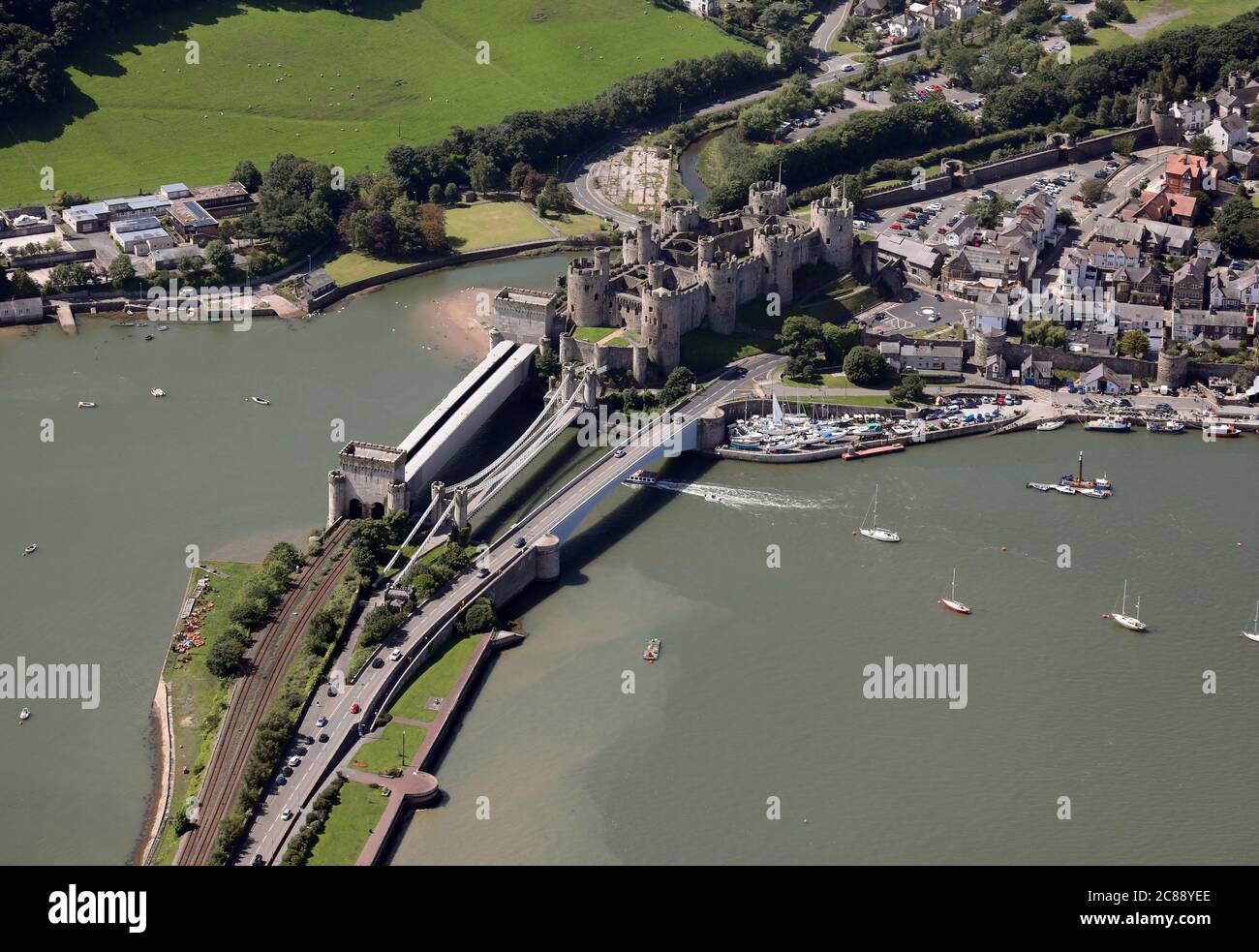 aerial view of Conwy or Conway, North Wales Stock Photo